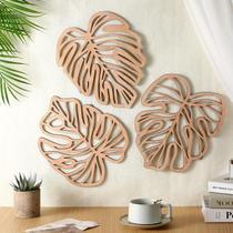 Decoração de parede ULIOMU, folhas de palmeira, madeira, 3 peças, marrom claro