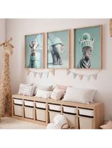Decoração Infantil Animais Fofo Girafa Elefante Zebra Moderno Azul 3 Peças