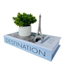 Decoração livro porta objetos + vaso branco + torre Eiffel
