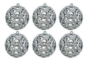 Decoração Natal Bolas Vazada Arabesco Glitter Prata 12 Peças