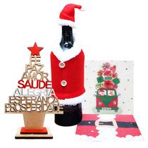 Decoração Natal Mesa Posta: Enfeite Garrafa Roupa Papai Noel + Guardanapo + Mini Árvore Natal Desejos MDF Frases
