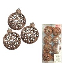 Decoração Natalina Para Árvore Bolas Arabesco Vazada Rose Gold Com 8 Unidades