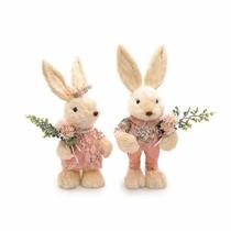 Decoração Pascoa Casal de Coelhos de Palha 30 cm