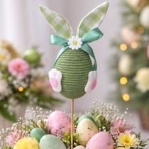 Decoração Páscoa Palito Ovo Verde Coelho Laço Arranjo 35cm Decoração Páscoa Palito Ovo Verde Coelho Laço Arranjo 35cm