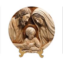 Decoração Religiosa com apoio de mesa Sagrada Família Jesus Maria José em MDF 19cm