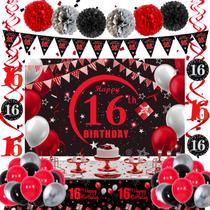 Decorações de aniversário do 16º aniversário de Puchod em vermelho e preto Decorações de aniversário do 16º aniversário de Puchod em vermelho e preto
