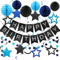 Decorações de aniversário meowtastic Feliz aniversário preto e azul Decorações de aniversário meowtastic Feliz aniversário preto e azul