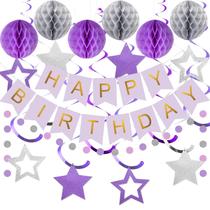Decorações de aniversário meowtastic Happy Birthday Purple & Silver Decorações de aniversário meowtastic Happy Birthday Purple & Silver