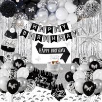 Decorações de aniversário WEQTWL Black Silver Feliz Aniversário Decorações de aniversário WEQTWL Black Silver Feliz Aniversário
