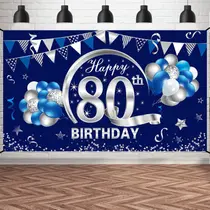 Decorações de banner de aniversário Kauayurk Blue Silver 80th Men