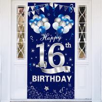 Decorações de banner de porta Turypaty Blue Silver 16º aniversário