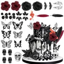 Decorações de bolo TSVATE Gothic 26 unidades pretas com rosa vermelha, caveira Decorações de bolo TSVATE Gothic 26 unidades pretas com rosa vermelha, caveira