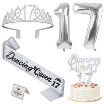 Decorações de festa Dancing Queen 17 Silver com faixa, tiara e muito mais Decorações de festa Dancing Queen 17 Silver com faixa, tiara e muito mais