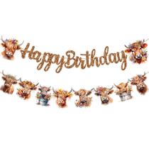 Decorações de festa Highland Cow Birthday Banner Brown Glitter