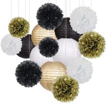 Decorações de festa: zilue, preto e ouro, lanternas de papel, pompons Decorações de festa: zilue, preto e ouro, lanternas de papel, pompons
