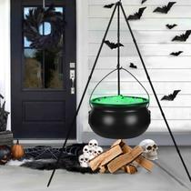 Decorações de Halloween ao ar livre, tigela de plástico preta, decoração de festa de Halloween, caldeirão de bruxas grandes em tripé com luzes de corda, decoração de balde de doces para decoração de casa, varanda interna