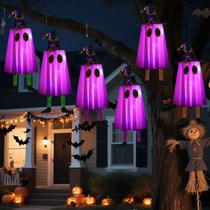 Decorações de Halloween pendurando fantasmas com luzes 6P roxo/laranja