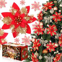 Decorações de Natal, flores de poinsétia, 12 unidades de ouro vermelho