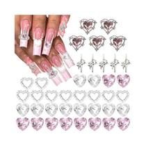 Decorações De Unhas Rosa 40PCS Coração 3D Estrela Prateada Brilhante Com Strass Para O Dia Dos