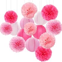 Decorações para Festa Hugfond 15 peças Lanternas de Papel e Pompons Rosa