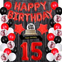 Decorações vermelhas de 15 anos da Santonila, banner de feliz aniversário, Sash Cheers To 15 Years Cake Topper Number 15, confete, balões de látex, cortinas com franjas de papel alumínio preto para meninas e mulheres, festa de aniversário de 15 anos Decorações vermelhas de 15 anos da Santonila, banner de feliz aniversário, Sash Cheers To 15 Years Cake Topper Number 15, confete, balões de látex, cortinas com franjas de papel alumínio preto para meninas e mulheres, festa de aniversário de 15 anos
