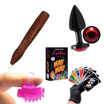 Dedeira vibrador de dedo + plug anal p + cartas picantes uno + caneta comestível