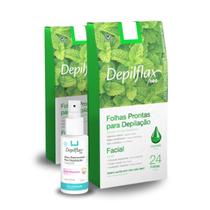 Depilflax Folhas Prontas faciais c/24 Hortelã 2 Uni + Óleo Pós Depilatório 100ml Depilflax Folhas Prontas faciais c/24 Hortelã 2 Uni + Óleo Pós Depilatório 100ml