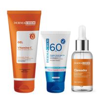 Dermachem Kit Serum Clareador Protetor Facial Gel AntiIdade Vitamina C Hidrata Clareamento Firmeza