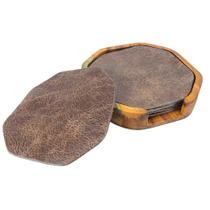 Descanso de Copo Premium em Couro com Suporte Moderno de Madeira