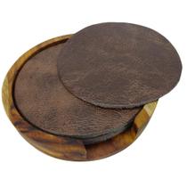 Descanso de Copo Premium em Couro com Suporte Moderno de Madeira