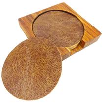 Descanso de Copo Premium em Couro com Suporte Moderno de Madeira