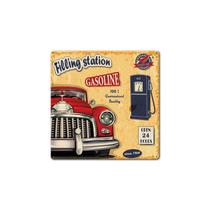 Design retrô de estação de abastecimento de gasolina vintage com placa de lata de metal
