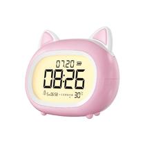 Despertador criativo rosa em forma de gato com música e luz noturna