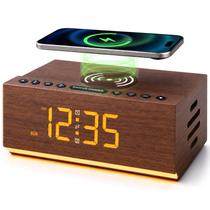 Despertador digital de madeira com alto-falante Bluetooth e carregamento sem fio