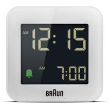 Despertador digital de viagem Braun com soneca, tamanho compacto, display LCD negativo, ajuste rápido, alarme Crescendo Beep em branco, modelo BC08W.
