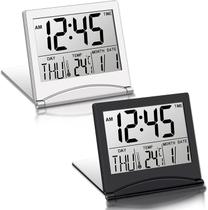 Despertador digital de viagem de 2 peças Relógio LCD dobrável operado por bateria com modo de soneca de temperatura do calendário Relógio de mesa pequeno multifuncional Relógio pequeno portátil Relógio de mesa de exibição grande para quartos