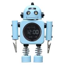 Despertador digital em forma de robô com luz noturna em metal azul
