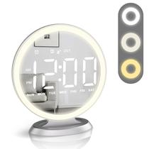 Despertador digital redondo iluminado por espelho, superfície espelhada para maquiagem, tela grande, fácil configuração, horário de verão automático, escurecimento automático, porta USB, decoração moderna para casa, quarto, escritório, presente para mulheres, meninas, prata