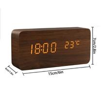 Despertador LED Multifuncional Digital de madeira com tempo - Marrom