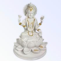 Deusa Lakshmi na Flor de Lótus Branco em Resina 15 cm