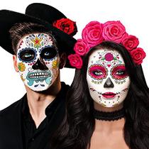 Dia do Esqueleto do Rosto Morto Tatuagens/Dia De Los Muertos, Halloween Temporário Sugar Skull Costume Maquiagem Tatuagens para mulheres /homens /adultos, 10 lençóis Floral Rose Party Costume Stickers Decor Match Catrina