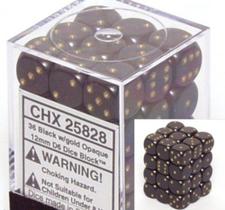 Dice Chessex preto com ouro opaco de 12 mm, D6, conjunto de 36