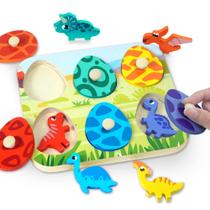 Dinosaur Wooden Peg Puzzle, brinquedos Montessori, presentes para bebês de 1 a 2 a 3 anos, atividades essenciais para viagens de avião, carro, atividades essenciais, aprendizado, seleção de cores, brinquedo educacional para crianças e meninos, cestas de Páscoa