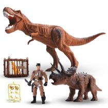 Dinossauro Brinquedo Dino Rex c/ Jaula Caçador e Acessórios