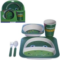 Dinossauro Kit Refeição Infantil Fibra Bambu E Melamina 5 Peças: Bowl + Prato + Copo + Garfo E Faca