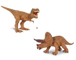 Dinossauros t-rex+triceratops grandes c/ som articulados dino world cotiplás