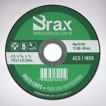 DISCO CORTE P/ METAIS BRAX 4 1/2” x 3/64” x 7/8” 115mm x 1.0mm x 22.23mm KIT C/ 100