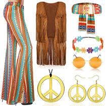 Disfraz Hippie para Mujer Mukum Conjunto de 8 Piezas de Pantalones Acampanados de los 70s