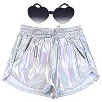 Disfraz Mujer Alien Metálico Plateado Shorts Disfraz Disco Años 80