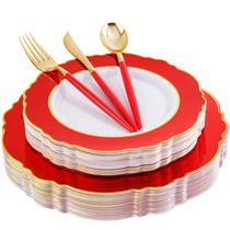 Dishware WDF 30Pc Red Plates, conjunto de talheres de plástico dourado